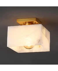 Jonathan Y Alessia 8" 1-Light Modern Contemporary Alabaster/Iron Square Led Semi Flush Mount, White Marbling/Brass Gold