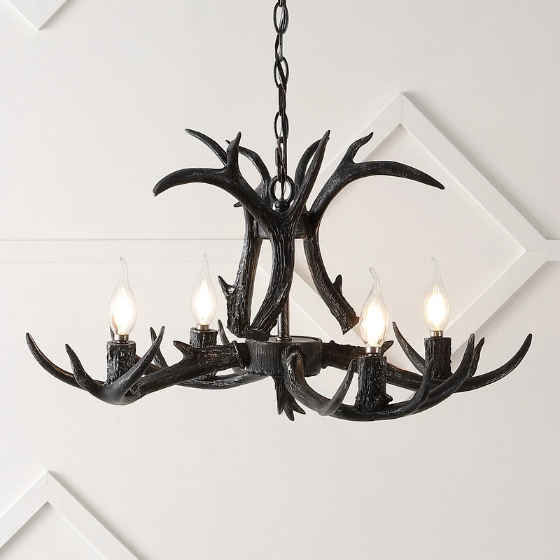 Jonathan Y Eldora 26" Adjustable Resin Antler 4-Light Led Chandelier, Black