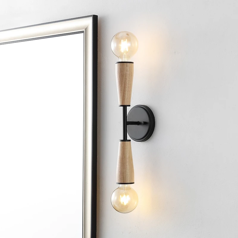 Jonathan Y Katia 5.13" 2-Light Modern Designer Iron/Wood Double Sided Hourglass Led Sconce, Light Brown/Black