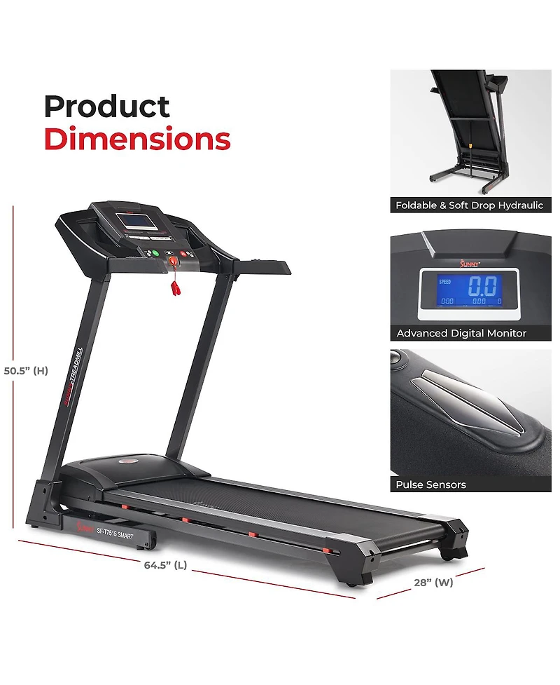 Sunny Health & Fitness Premium Smart Treadmill with Auto Incline, Speed Buttons, Double Deck Technology, Digital Performance Display, Bmi Calculator a