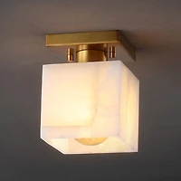 Jonathan Y Alessia 5" 1-Light Modern Contemporary Alabaster/Iron Cube Led Semi Flush Mount, White Marbling/Brass Gold