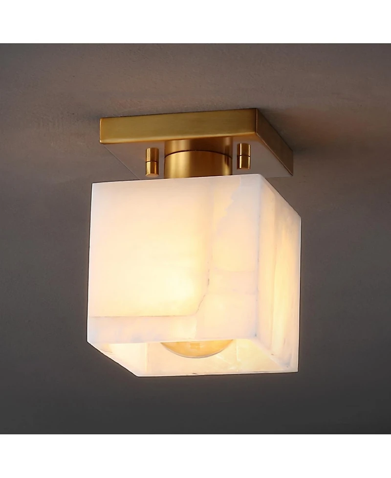 Jonathan Y Alessia 5" 1-Light Modern Contemporary Alabaster/Iron Cube Led Semi Flush Mount, White Marbling/Brass Gold