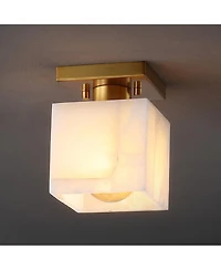 Jonathan Y Alessia 5" 1-Light Modern Contemporary Alabaster/Iron Cube Led Semi Flush Mount, White Marbling/Brass Gold