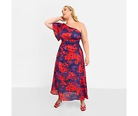 Rebdolls Plus Aurora Floral One Shoulder Midi A Line Dress