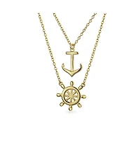 Bling Jewelry Set Of 2 Nautical Ship Wheel Layering Boat Anchor Pendant Necklace Gold Plated Sterling Silver Jewelry Set