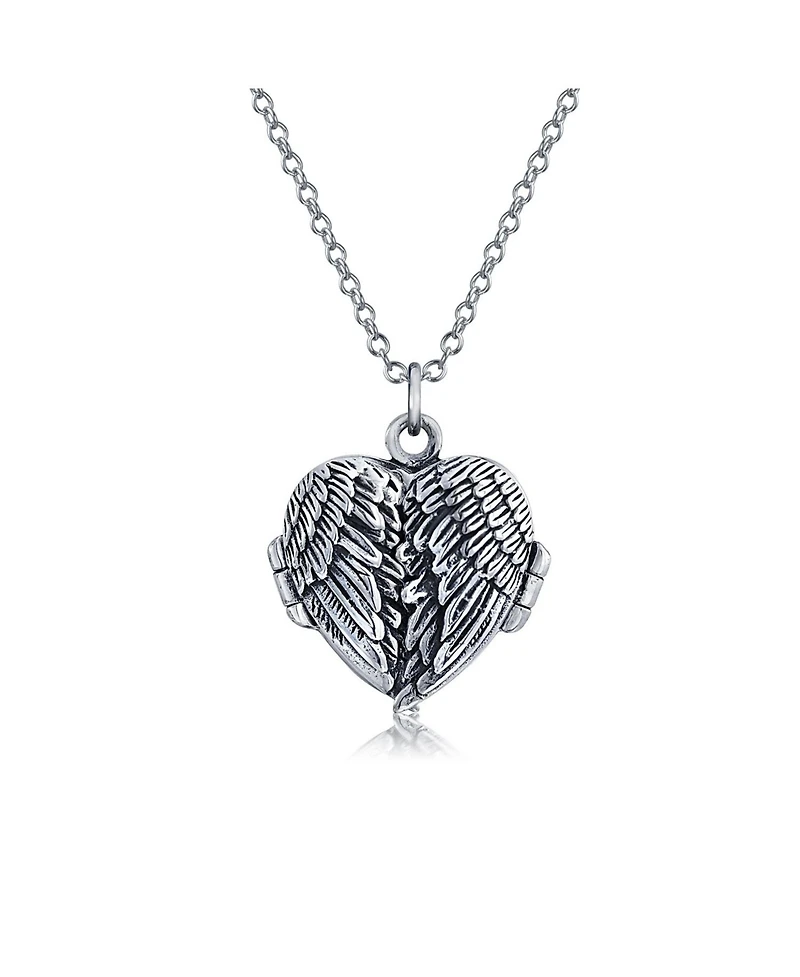 Bling Jewelry Dome Large Guardian Angel Wing Feathered Heart Shaped Photo Locket Holds Photos Pictures Oxidized Silver Necklace Pendant