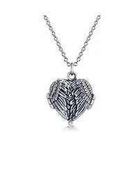 Bling Jewelry Dome Large Guardian Angel Wing Feathered Heart Shaped Photo Locket Holds Photos Pictures Oxidized Silver Necklace Pendant