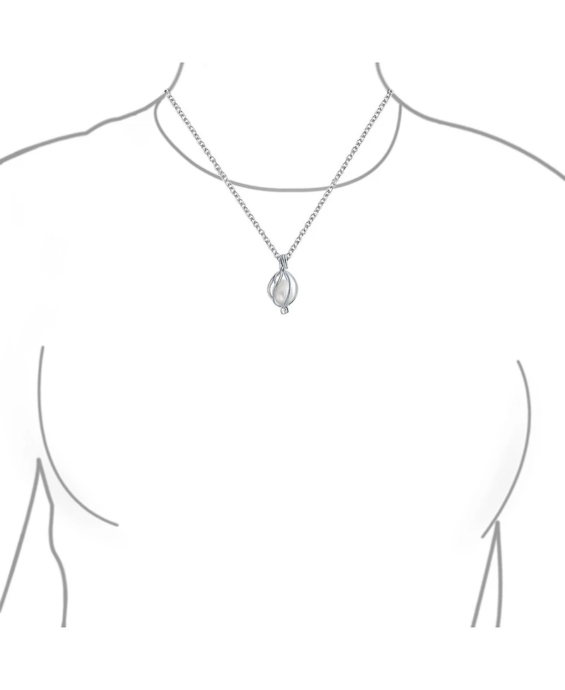 Bling Jewelry Teardrop White Freshwater Cultured Pearl Bird Caged Pendant Necklace Sterling Silver