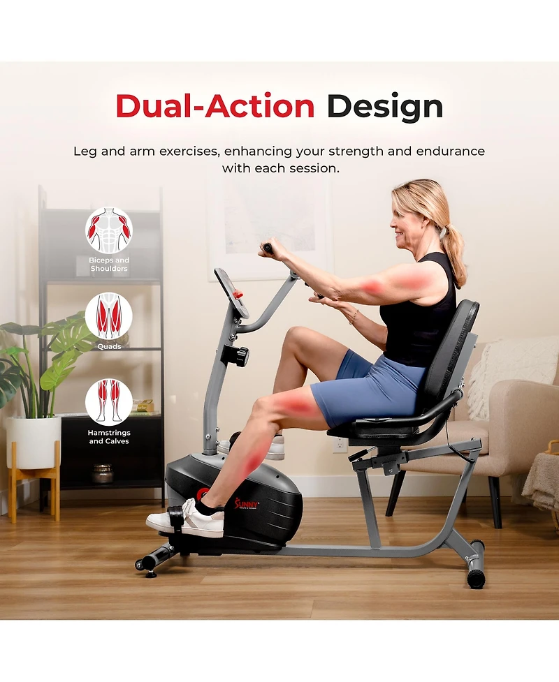 Sunny Health & Fitness Smart Magnetic Recumbent Bike with Hand Cycle
