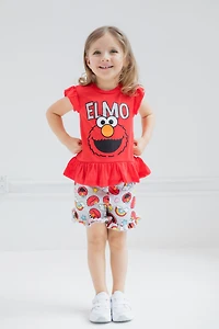 Sesame Street Toddler Girls Elmo Peplum T-Shirt and French Terry Shorts Outfit Set