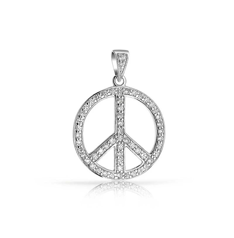Bling Jewelry Pave Cubic Zirconia Cz Open Peace Sign Pendant Necklace Sterling Silver With Chain