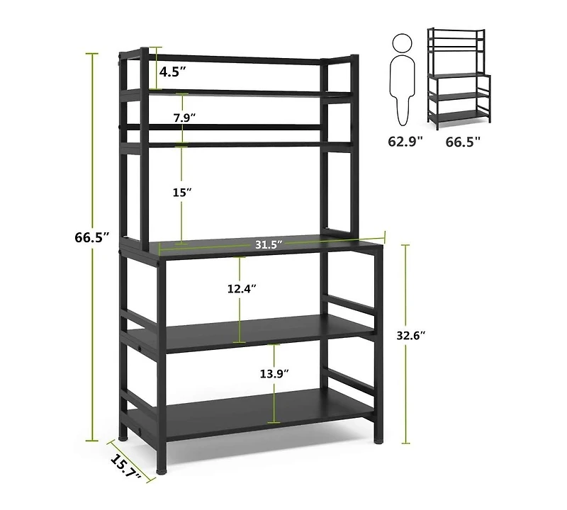 Tribesigns 5-Tier Kitchen Bakers Rack with Hutch, Industrial Microwave Oven Stand, Free Standing Kitchen Utility Cart Storage Shelf Organizer(Black)