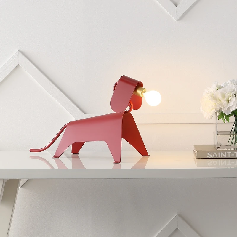 Jonathan Y Rover 10" Modern Industrial Iron Canine Led Kids' Lamp, Red