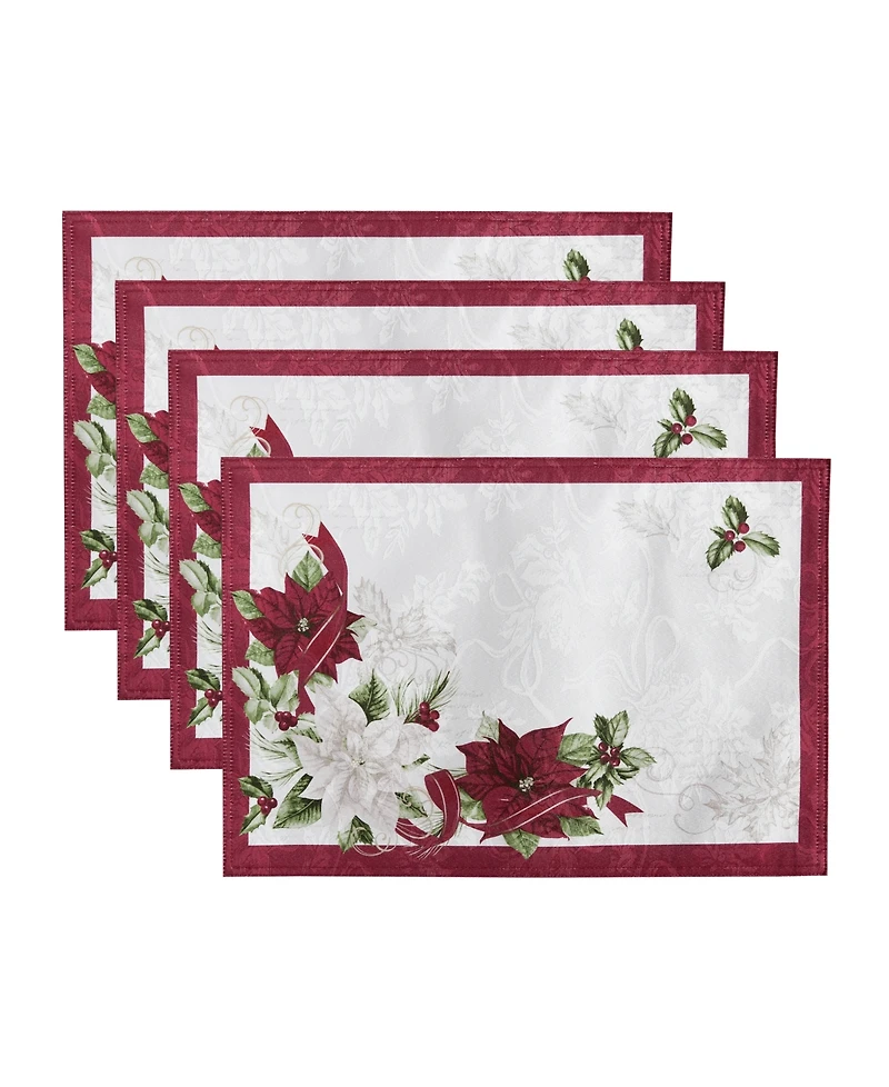 Elrene Clarette Poinsettia Holiday Fabric Placemats 19"x 13", Set of 4