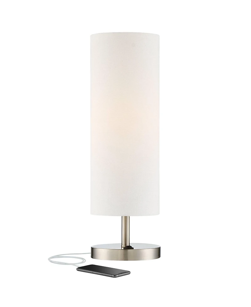 360 Lighting Heyburn Modern Accent Table Lamp 20" High Brushed Steel with Usb and Ac Power Outlet in Base Off White Cylinder Shade for Bedroom De