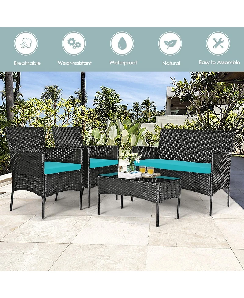 Sugift 4 Pieces Patio Rattan Cushioned Sofa Set with Tempered Glass Coffee Table-Turquoise