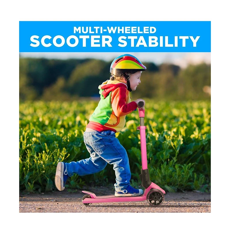 Hurtle 3-Wheel Foldable Kids Scooter - Child Toy Scooter with Built-in Led Wheel Lights, Easy Maneuvering Lean-to-Steer Technology (Pink)