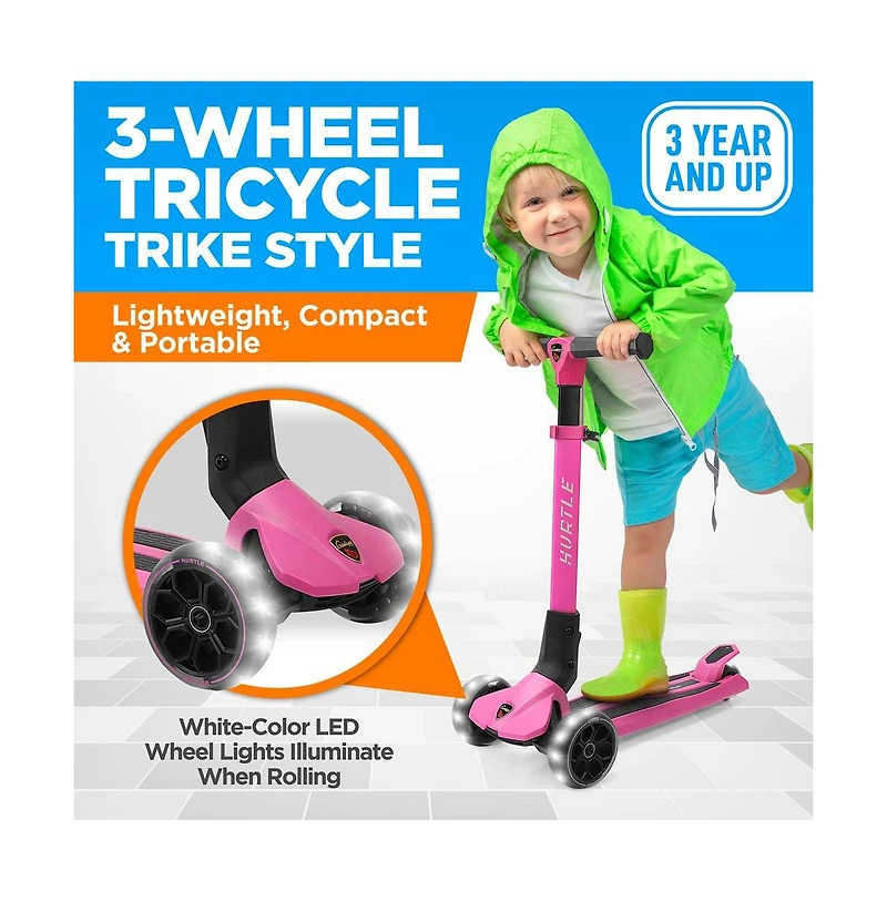 Hurtle 3-Wheel Foldable Kids Scooter - Child Toy Scooter with Built-in Led Wheel Lights, Easy Maneuvering Lean-to-Steer Technology (Pink)