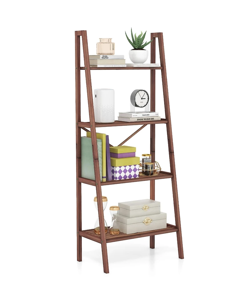 Gymax 4-Tier Bamboo Ladder Bookshelf 58'' Display Shelf Storage Rack Plant Flower Stand