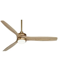 Casa Vieja 52" Windspun Modern Indoor Ceiling Fan 3 Blade Led Light Remote Control Soft Brass Finish Natural Wood Blades Bedroom