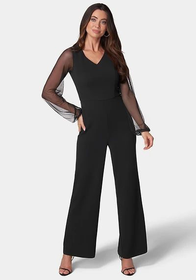 bebe Women's V-Neck Jumpsuit with Powermesh Sleeve