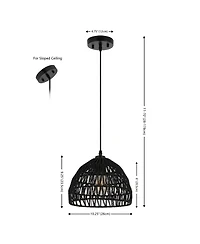 Jonathan Y Campana 10.25" 1-Light Bohemian Modern Woven Rope/Iron Led Pendant, Black