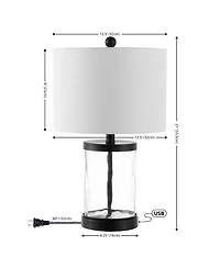 Jonathan Y Alexander 21" Modern Designer Iron/Water Glass Led Table Lamp with Usb Charging Port, Black/Clear (Set of 2)