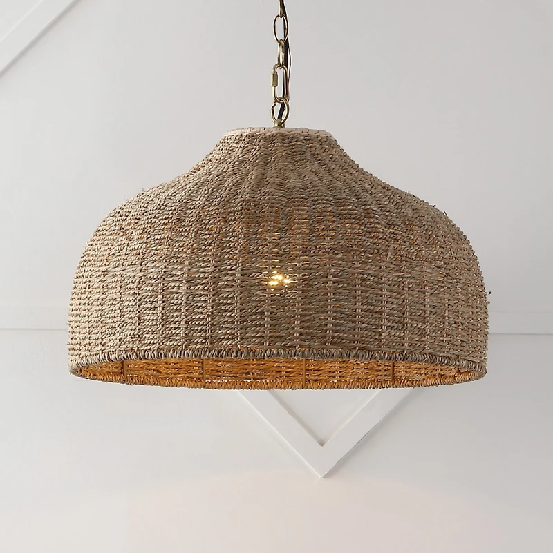 Jonathan Y Eliza 20" 1-Light Coastal Bohemian Rattan/Iron Dome Led Pendant, Brown/Brass Gold