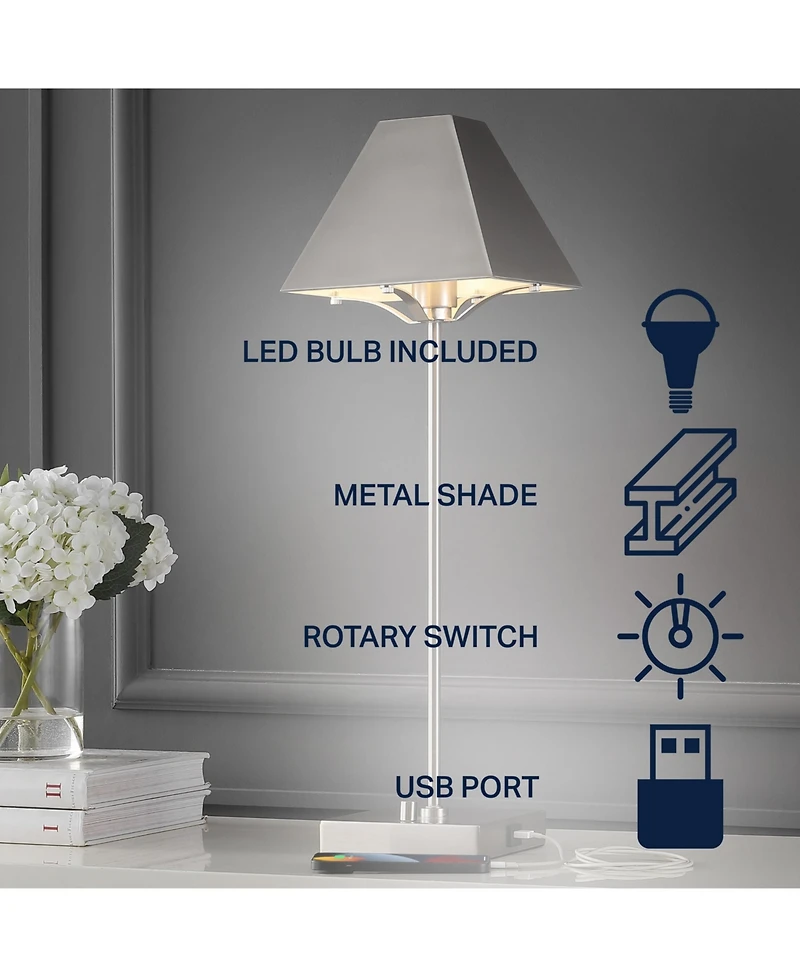 Jonathan Y Ruthen 25" Industrial Style Iron Pyramid Bedside Led Table Lamp with Usb Charging Port, Nickel