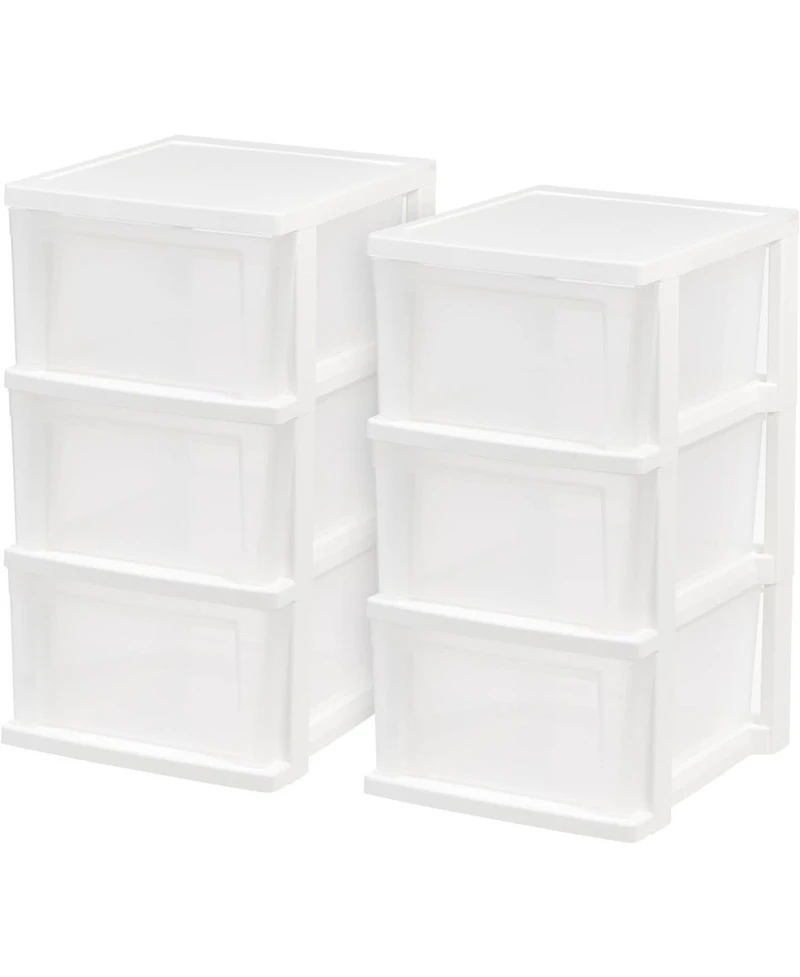 Iris Usa 3-Drawer Plastic Storage Dresser, 2-Pack, Standing Organizer Storage Container Bin with Drawers for Clothes Crafts Classroom, White/Clear