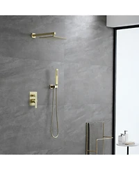 Boyel Living 1-Spray Patterns with 2.66 Gpm 10 in. Wall Mount Dual Shower Heads with Rough-In Valve Body and Trim in Brushed Gold