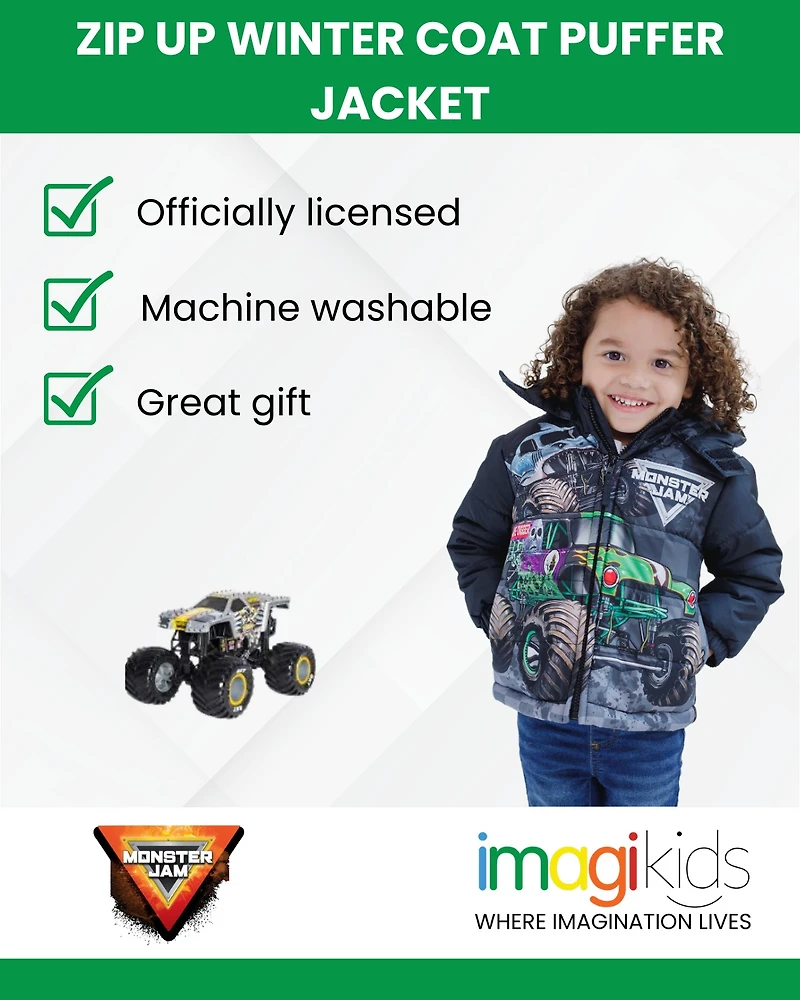 Monster Jam Toddler Boys Zip Up Winter Coat Puffer Jacket