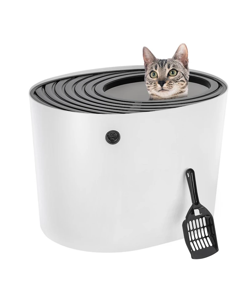 Iris Usa Top Entry Cat Litter Box with Scoop | Stylish Round Enclosed Design, White/Black