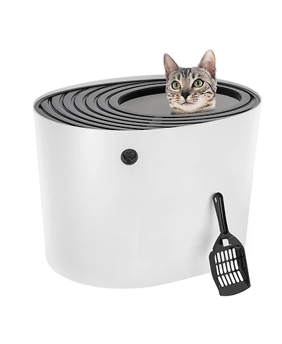 Iris Usa Top Entry Cat Litter Box with Scoop | Stylish Round Enclosed Design, White/Black