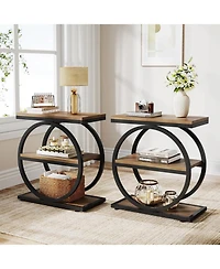 Tribesigns End Table Set of 2, Narrow End Table with 3 Storage Shelves, Wooden Nightstand with Metal Frame, Small Sofa Side Table