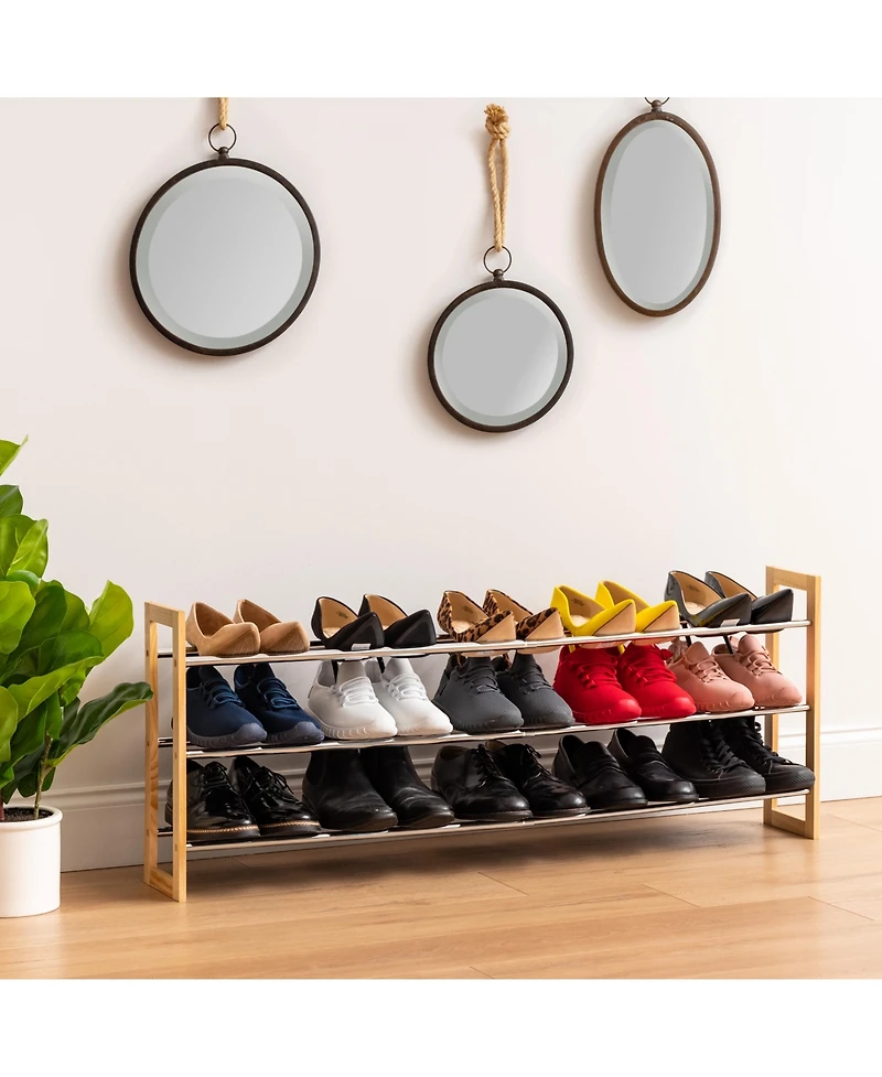 Iris Usa 3 Tier Extendable Pine Wood and Metal Shoe Rack for Entryway, Up to 15 pairs