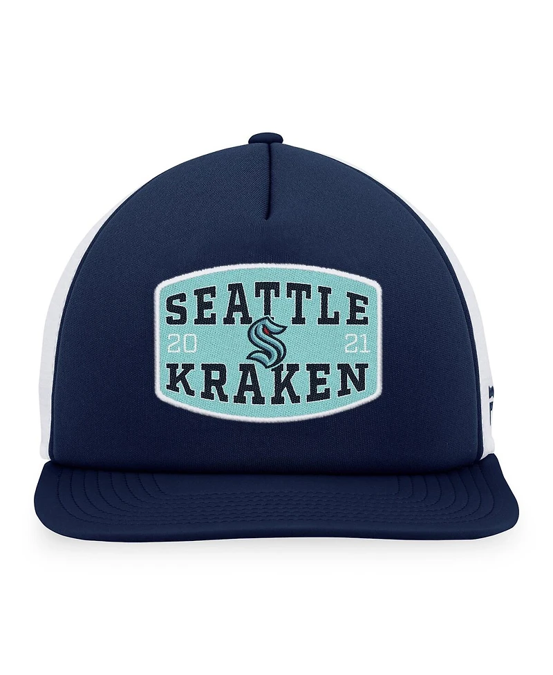 Fanatics Men's Deep Sea Blue/White Seattle Kraken Foam Front Patch Trucker Snapback Hat