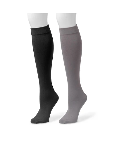 Muk Luks Women's 2 Pack Fleece Lined Knee High Socks, Blk/Dkgr, S/M