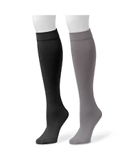 Muk Luks Women's 2 Pack Fleece Lined Knee High Socks, Blk/Dkgr, S/M
