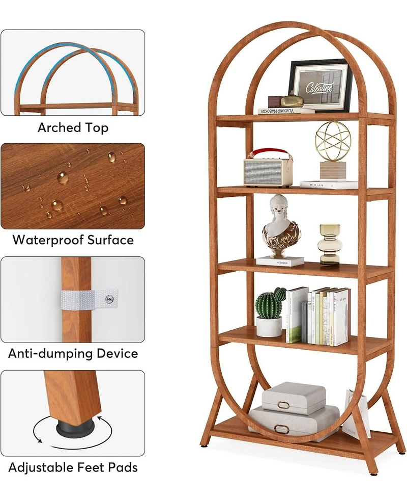 Tribesigns 5-Tier Open Bookshelf, 70.8" Tall Arched Bookcase, Modern Brown Storage Bookshelves, Freestanding Display Rack Shelving Unit for Office, Be