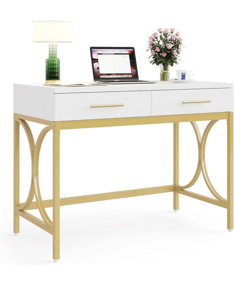 Tribesigns Modern Computer Desk with 2 Drawers, 41 Inches Study Writing Office Desk, Makeup Vanity Table Desk with Gold Metal Frame, White & Gold