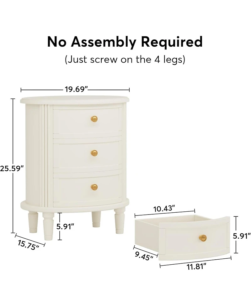 Tribesigns 3-Drawer Nightstand Set of 2, Fully Assembled Oval Bed Side Table for Bedroom, Wooden Night Stand with Storage, Beige White