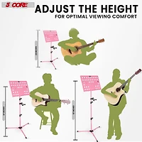 5 Core Music Stand For Sheet Music Height Adjustable Portable Folding Atril Para Partituras w Light Clip for Guitar Players Violinists Cellists Pianis
