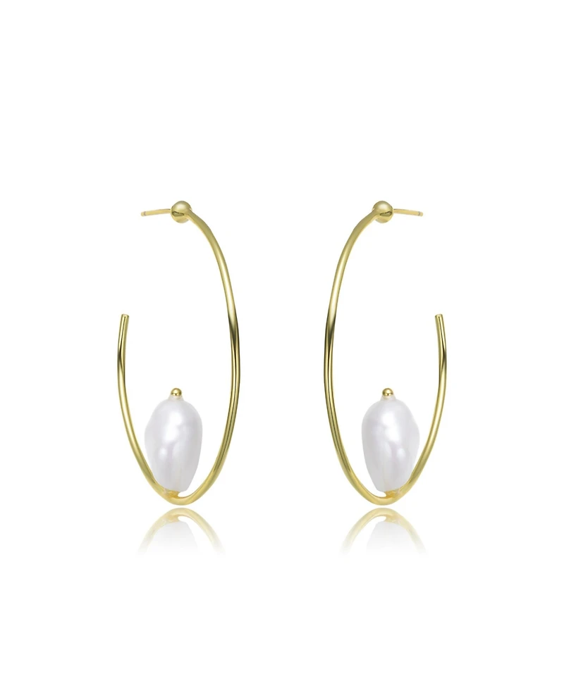 Classy Sterling Silver with Gold Plating and Genuine Freshwater Pearl Hoop Earrings