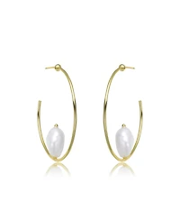 Classy Sterling Silver with Gold Plating and Genuine Freshwater Pearl Hoop Earrings