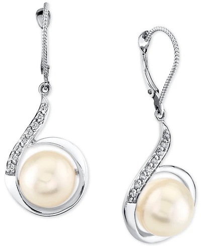 Cultured Freshwater Pearl (10mm) & Diamond (1/6 ct.t.w.) Swirl Leverback Drop Earrings in 14k White Gold