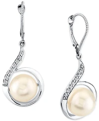 Cultured Freshwater Pearl (10mm) & Diamond (1/6 ct.t.w.) Swirl Leverback Drop Earrings in 14k White Gold