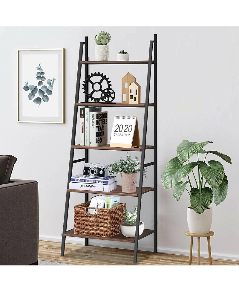 Sugift 5 Tier Leaning Bookshelf Wood Metal Bookcase