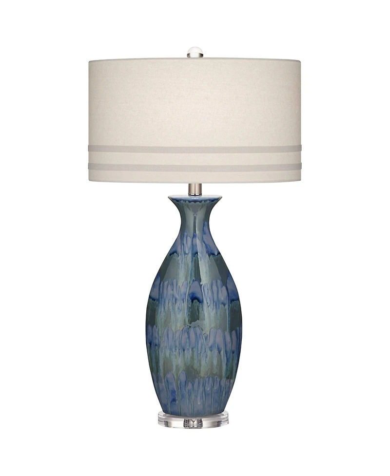 Possini Euro Design Annette Coastal Table Lamp 38" Tall Blue Ceramic Drip Vase with Table Top Dimmer Off White Oval Shade for Bedroom Living Room