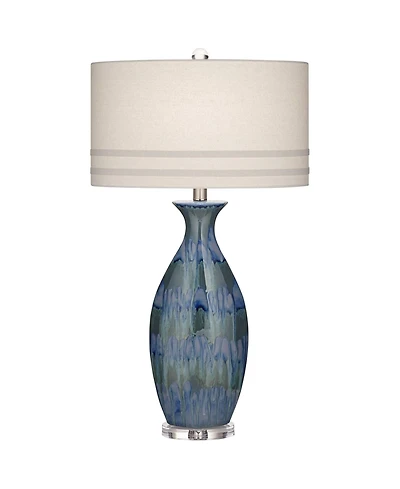 Possini Euro Design Annette Coastal Table Lamp 38" Tall Blue Ceramic Drip Vase with Table Top Dimmer Off White Oval Shade for Bedroom Living Room